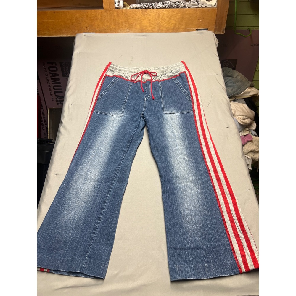 Vezucci Womens Wide Leg Denim Jeans Side Stripe Elastic Waist Blue Red Size 10